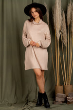 Casual turtleneck balloon sleeve soft brushed knit dress