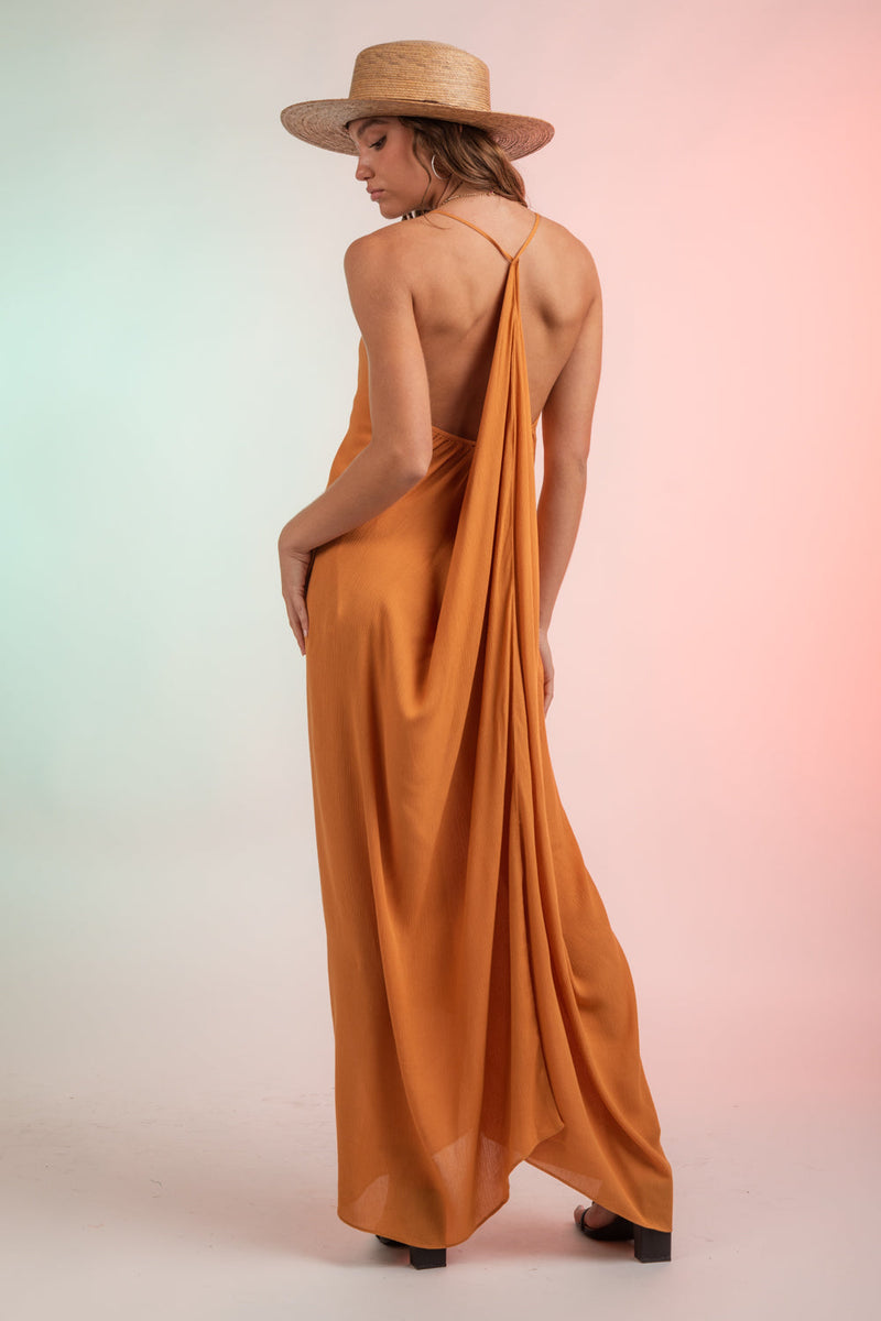 Sleeveless Woven Back Drape Maxi Dress