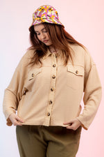 PLUS SIZE Long Sleeve Contrast Waffle Knit Shacket with Pockets