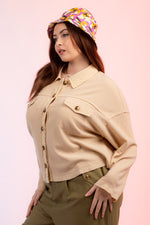 PLUS SIZE Long Sleeve Contrast Waffle Knit Shacket with Pockets