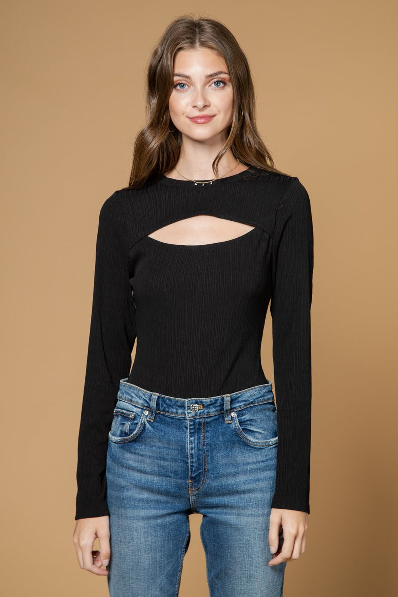 Front cut-out ribbed knit bodysuit