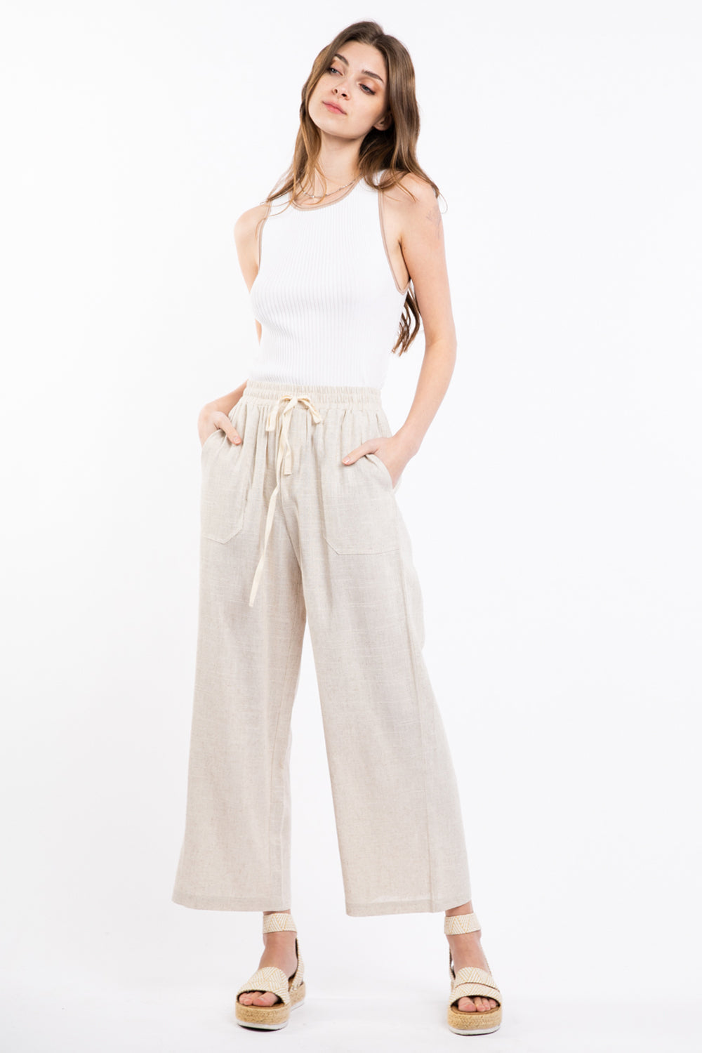 Solid linen elastic waist pants