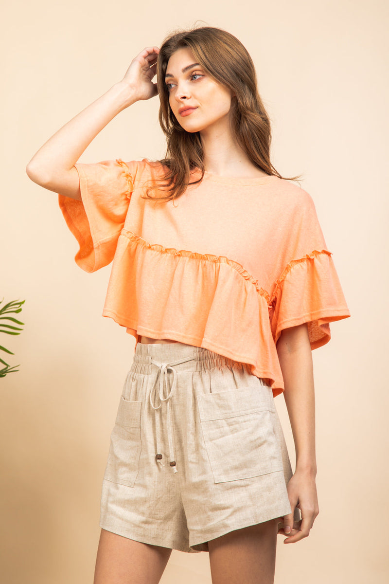 Banded neck wide ruffle sleeve knit top