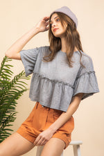 Banded neck wide ruffle sleeve knit top