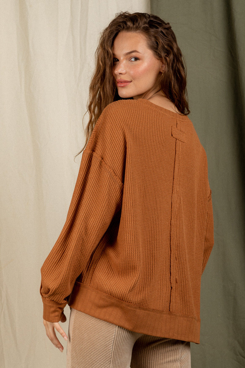 Raw edge detail waffle knit top