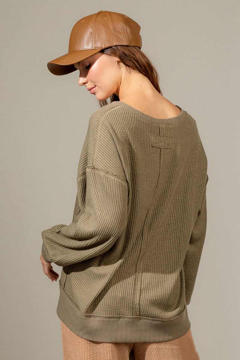 Raw edge detail waffle knit top