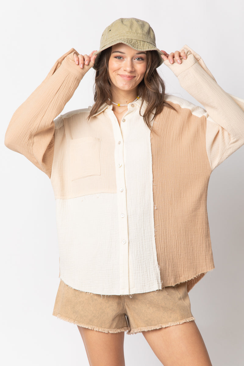 Long Sleeve Color Blocked Button Down Shirt