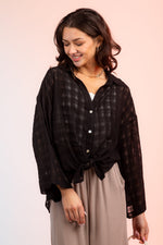 Long Sleeve Sheer Plaid Front Tie Blouse