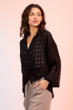 Long Sleeve Sheer Plaid Front Tie Blouse