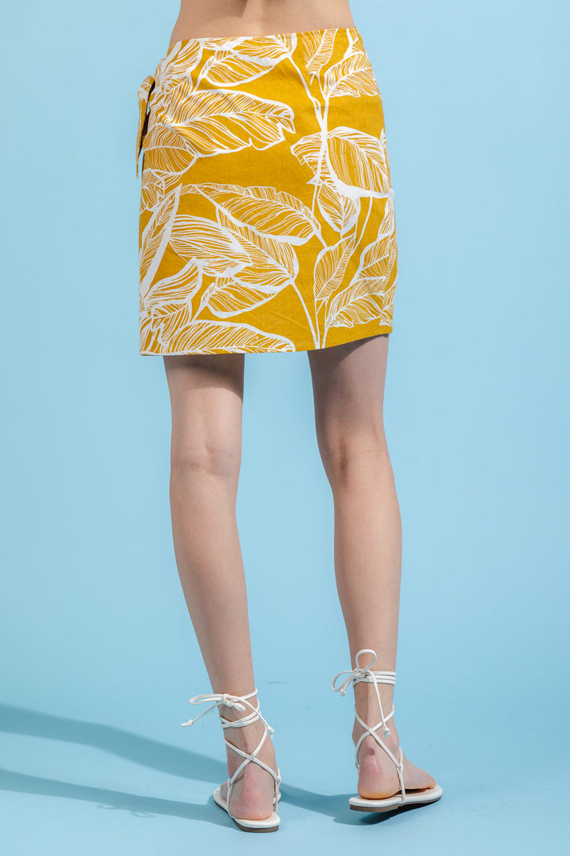 Tropical printed wrap mini skirt