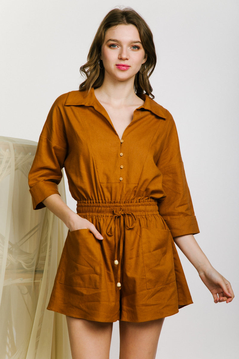 Lapel collared roll-up sleeve linen romper