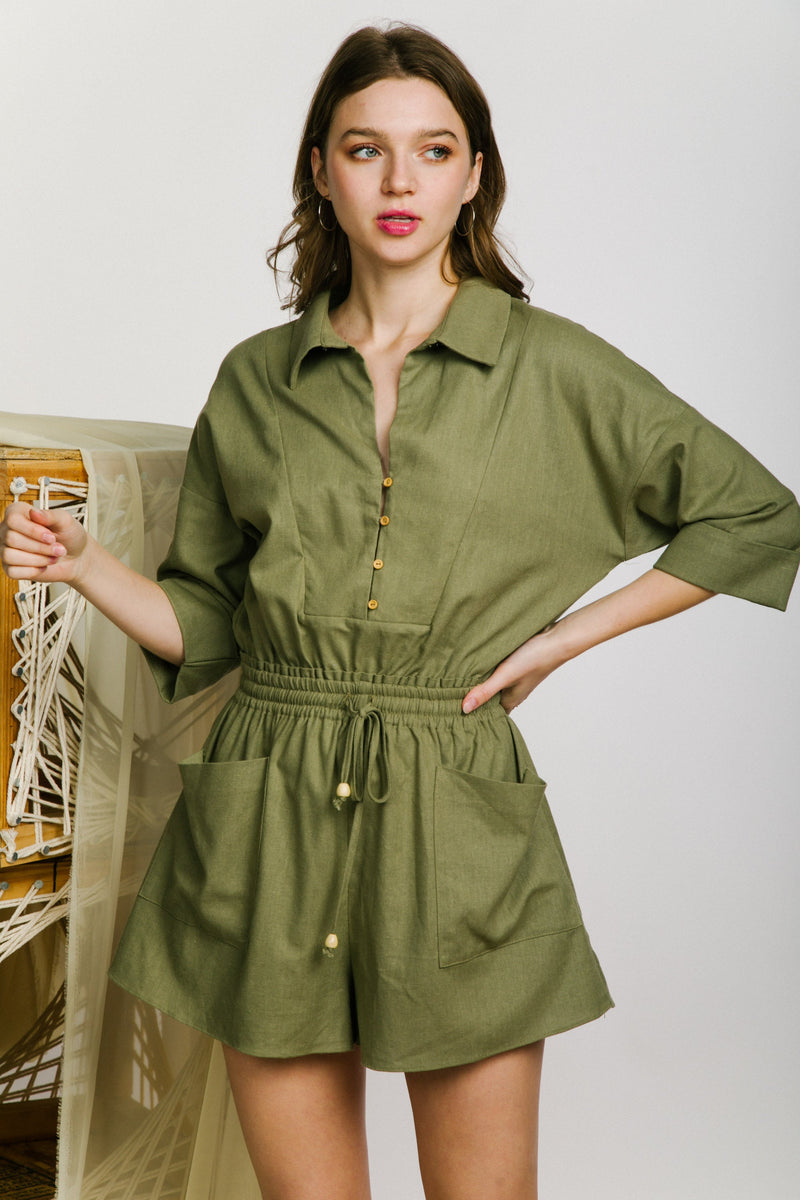 Lapel collared roll-up sleeve linen romper